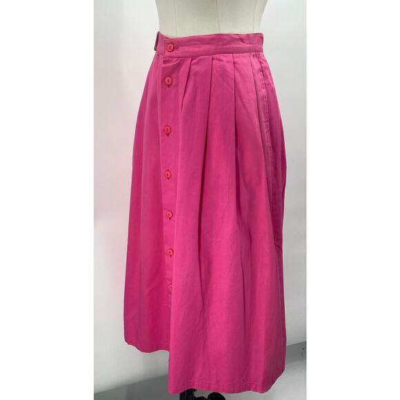 Vintage 80s Cotton Pleated Midi Skirt Button Front High Rise Pink NEW Womens 2/4 - Picture 4 of 9